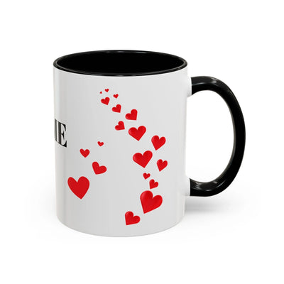 You are Enough Mug with red hearts, white ceramic, black interior and handle, 11oz, glossy finish.