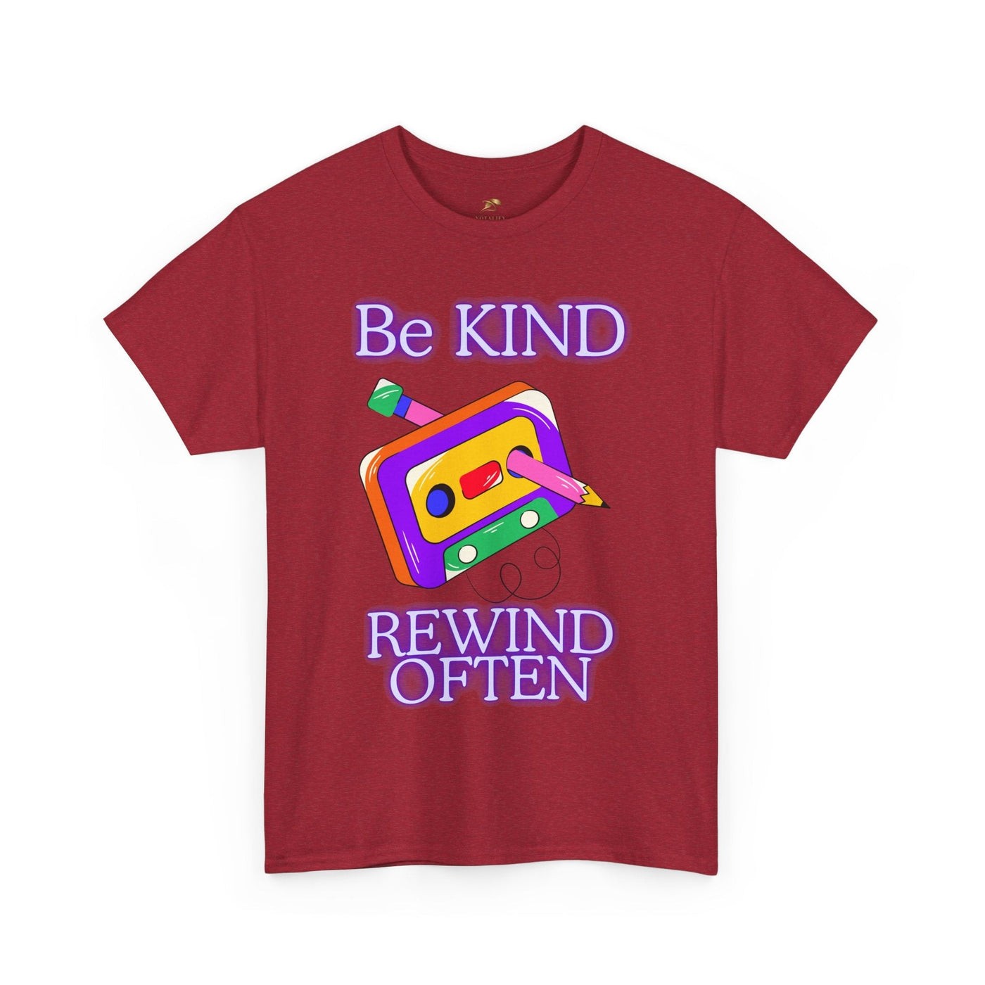 Unisex red T-shirt with "Be Kind, Rewind Often" retro cassette design, 90s nostalgia graphic.