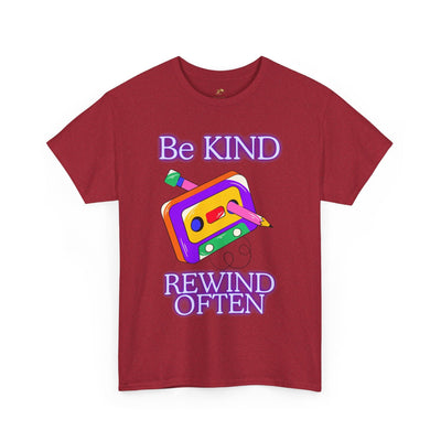 Unisex red T-shirt with "Be Kind, Rewind Often" retro cassette design, 90s nostalgia graphic.