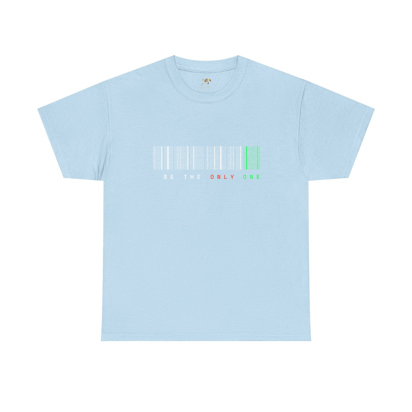 Unique "Be The Only One" barcode t-shirt in blue with a minimalist design