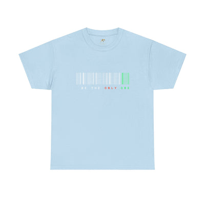 Unique "Be The Only One" barcode t-shirt in blue with a minimalist design
