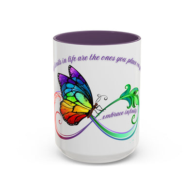 Inspirational Butterfly Coffee Mug with Embrace Infinity design, featuring vibrant rainbow colors on white ceramic, perfect for motivational gifts.