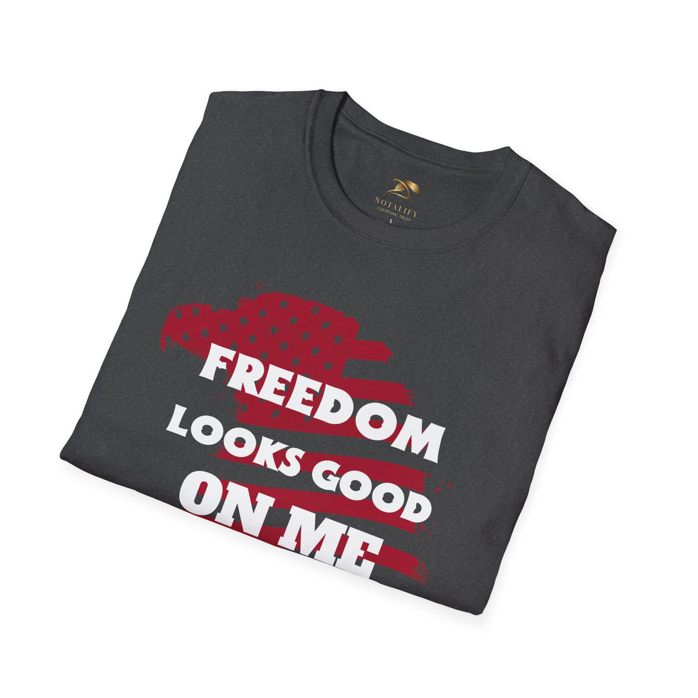 Patriotic party tee with "Freedom Looks Good On Me" design, perfect for Independence Day celebrations.