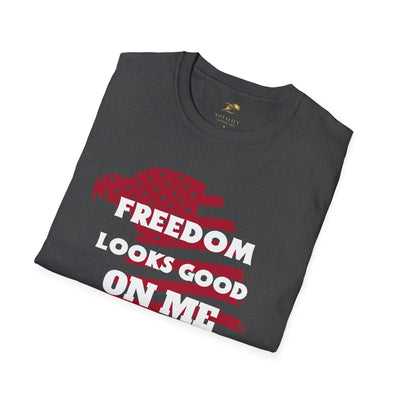 Patriotic party tee with "Freedom Looks Good On Me" design, perfect for Independence Day celebrations.