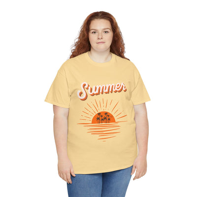 Unisex “Summer 2025 Sunset T-Shirt” with bold vintage-style sunset graphic, palm trees, and ocean reflection.