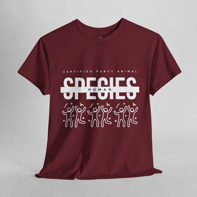 Fun and unique Certified Party Animal t-shirt featuring dancing figures and "Species: Human" text on a maroon background.