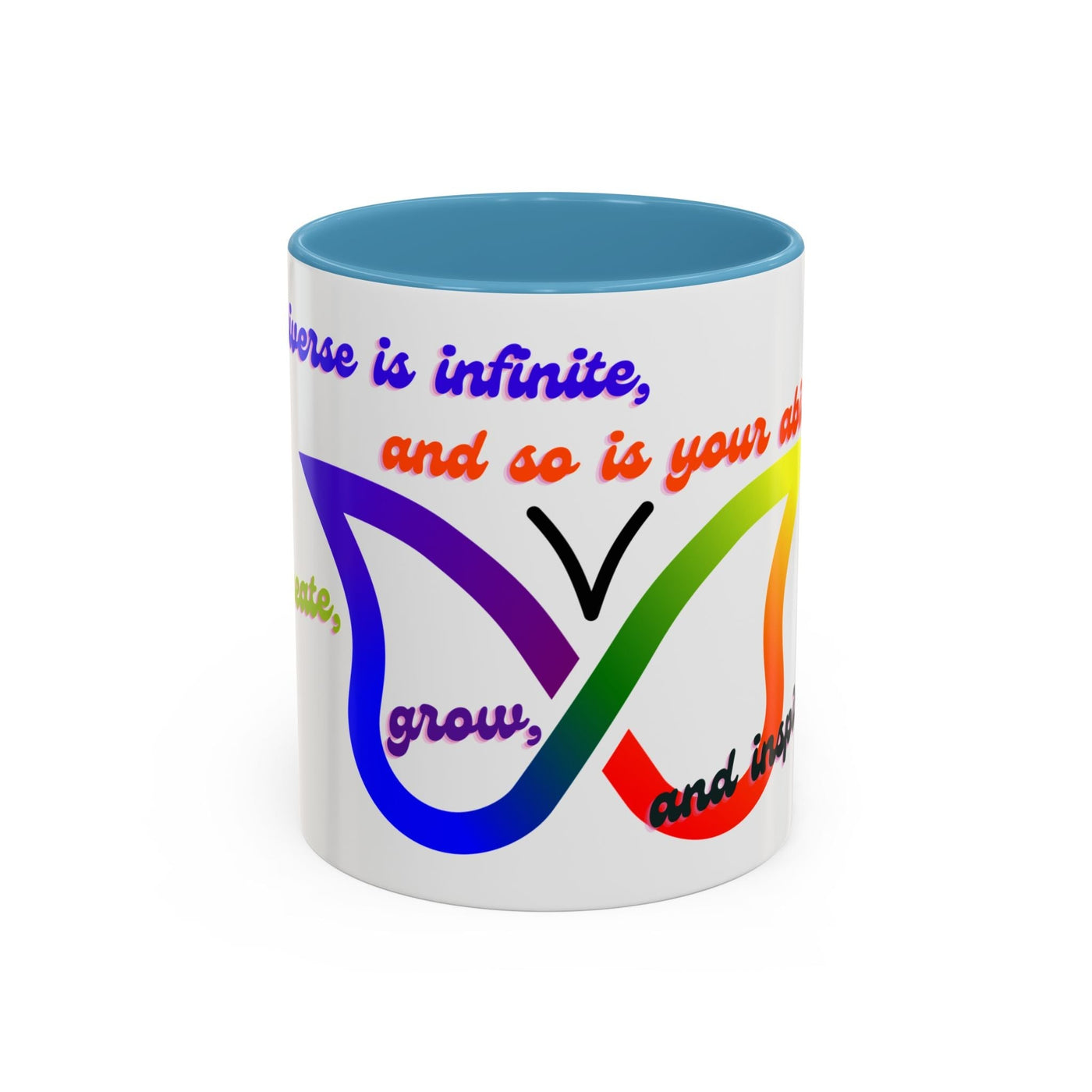 Infinity Butterfly Mug with colorful design and inspirational quotes, available in 11oz and 15oz sizes.