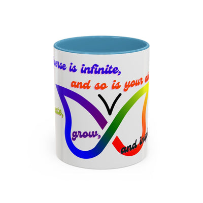 Infinity Butterfly Mug with colorful design and inspirational quotes, available in 11oz and 15oz sizes.