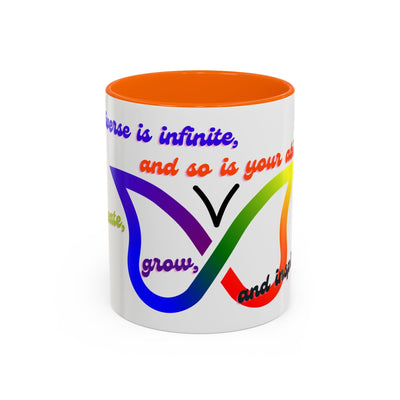 Infinity Butterfly Mug with motivational design, orange interior, 11oz, universe theme.