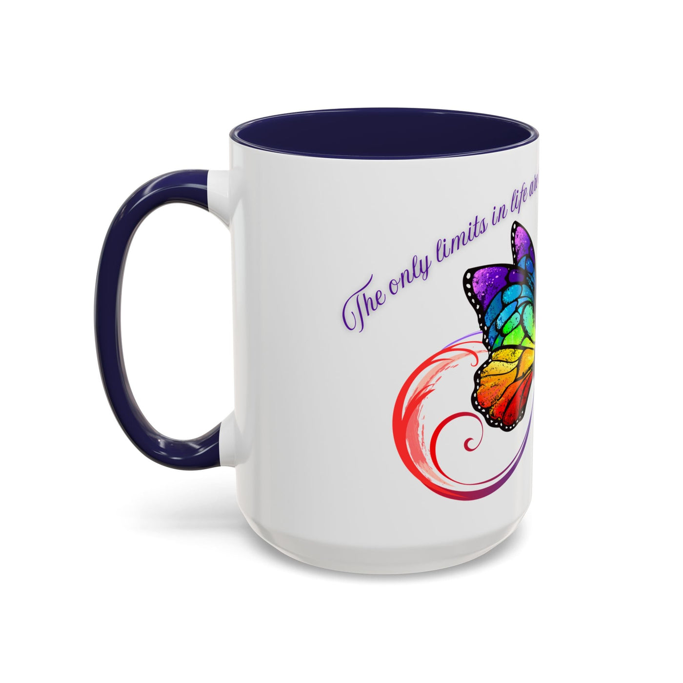 Inspirational butterfly coffee mug with colorful infinity design, perfect for motivation and self-care.