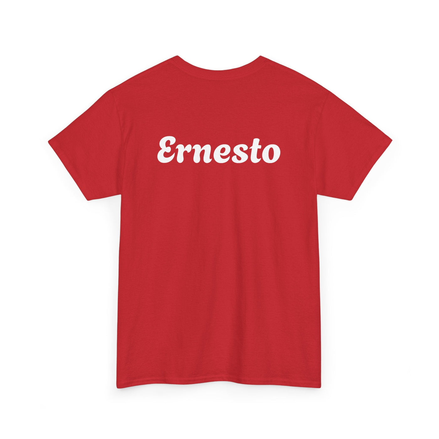 Red t-shirt featuring the text "Ernesto" on the back, perfect for Spanish-speaking dads who love humor and cold beer.