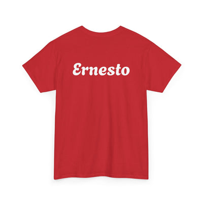 Red t-shirt featuring the text "Ernesto" on the back, perfect for Spanish-speaking dads who love humor and cold beer.