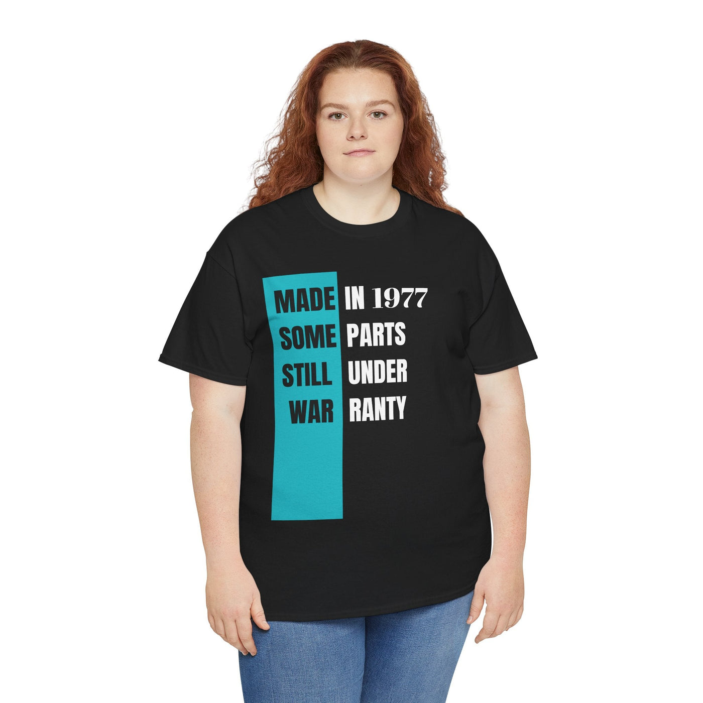 Funny "Made In Some Parts Still Under Warranty" aging T-shirt – humorous birthday gift for him/her, vintage style tee.
