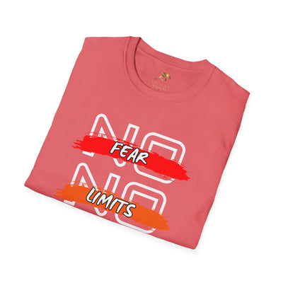 Folded pink unisex t-shirt with No Fear No Limits motivational graphic design and crew neckline