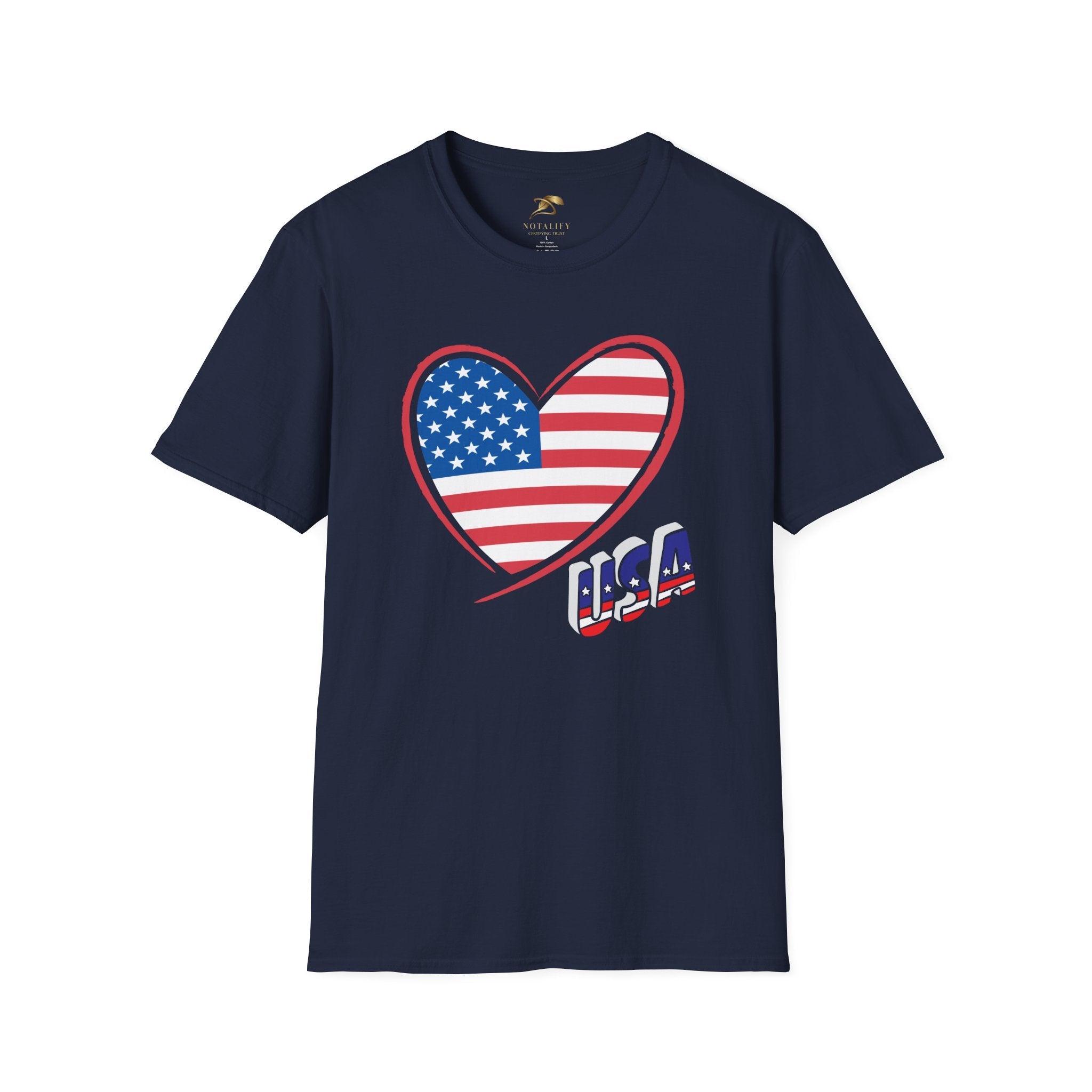 Unisex blue patriotic T-shirt with American flag heart design for 4th of July celebrations.