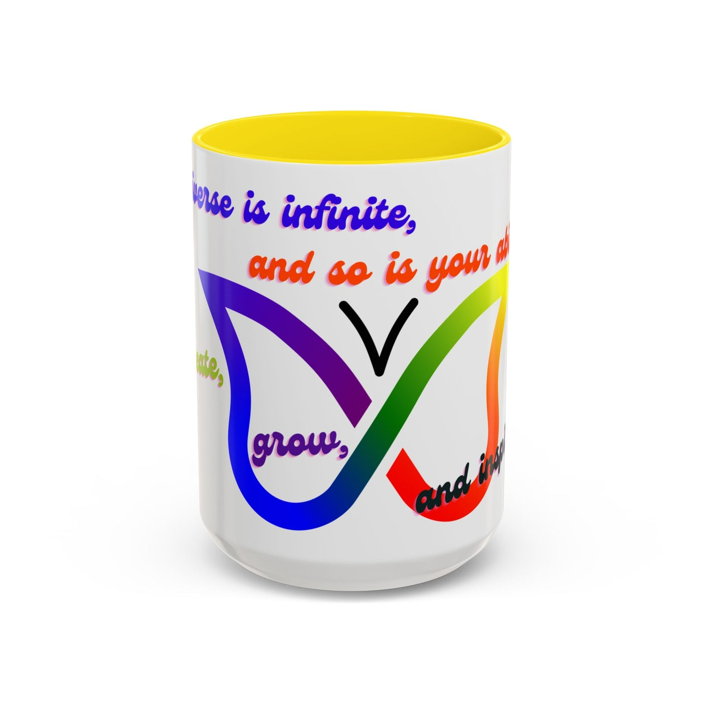 Infinity Butterfly Mug with colorful silhouette design, motivational quote, and yellow interior.