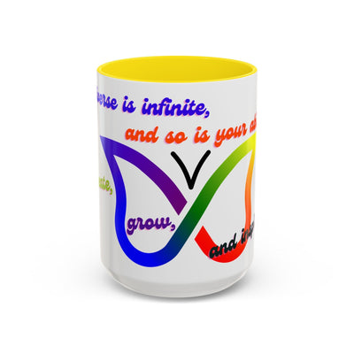 Infinity Butterfly Mug with colorful silhouette design, motivational quote, and yellow interior.