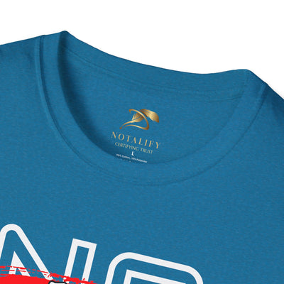 Close-up of blue youth unisex t-shirt neckline with motivational "No Fear No Limits" graphic, made of soft 100% ring-spun cotton.