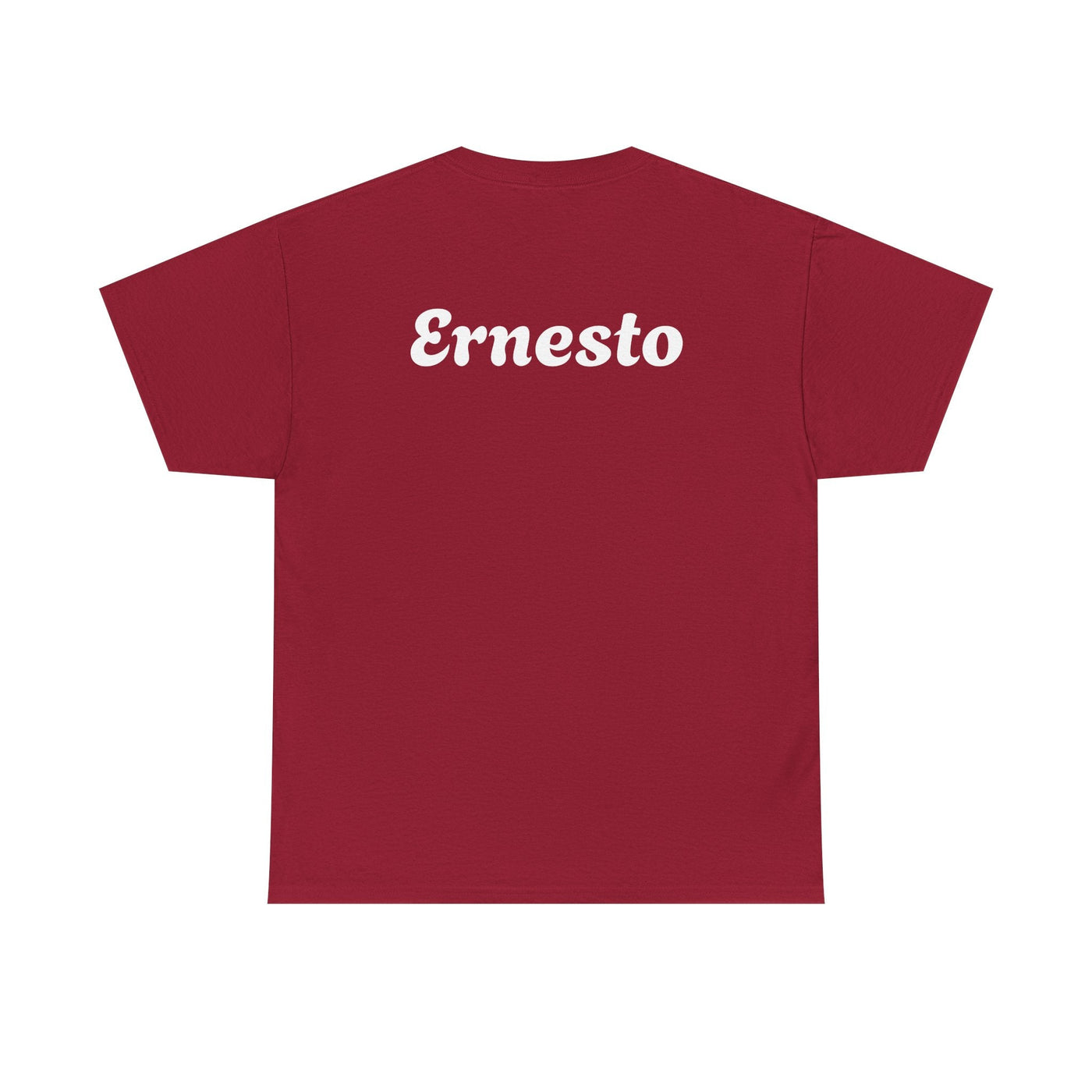 Funny Spanish Dad Beer Shirt in red with "Ernesto" printed on the back, perfect Father's Day gift for beer-loving papá.