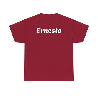 Funny Spanish Dad Beer Shirt in red with "Ernesto" printed on the back, perfect Father's Day gift for beer-loving papá.