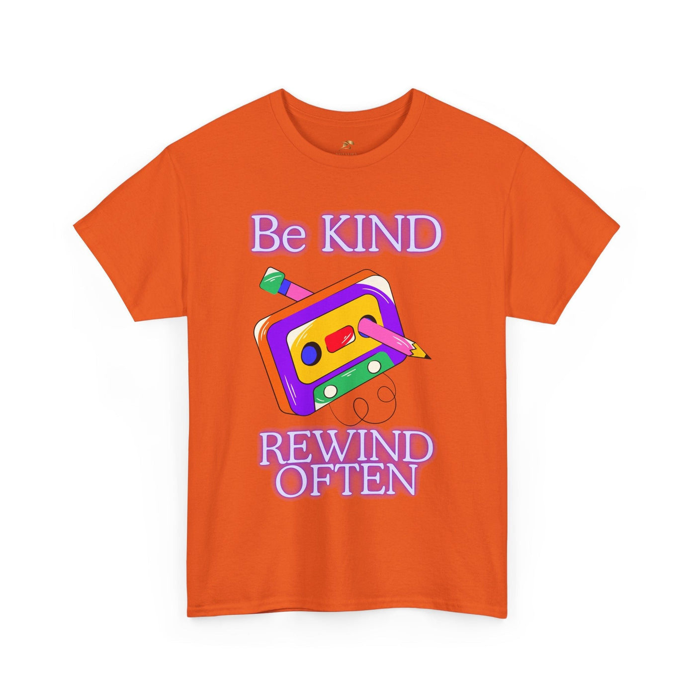 Retro orange t-shirt with "Be Kind, Rewind Often" positive quote and cassette tape graphic, 90s nostalgia vibe.