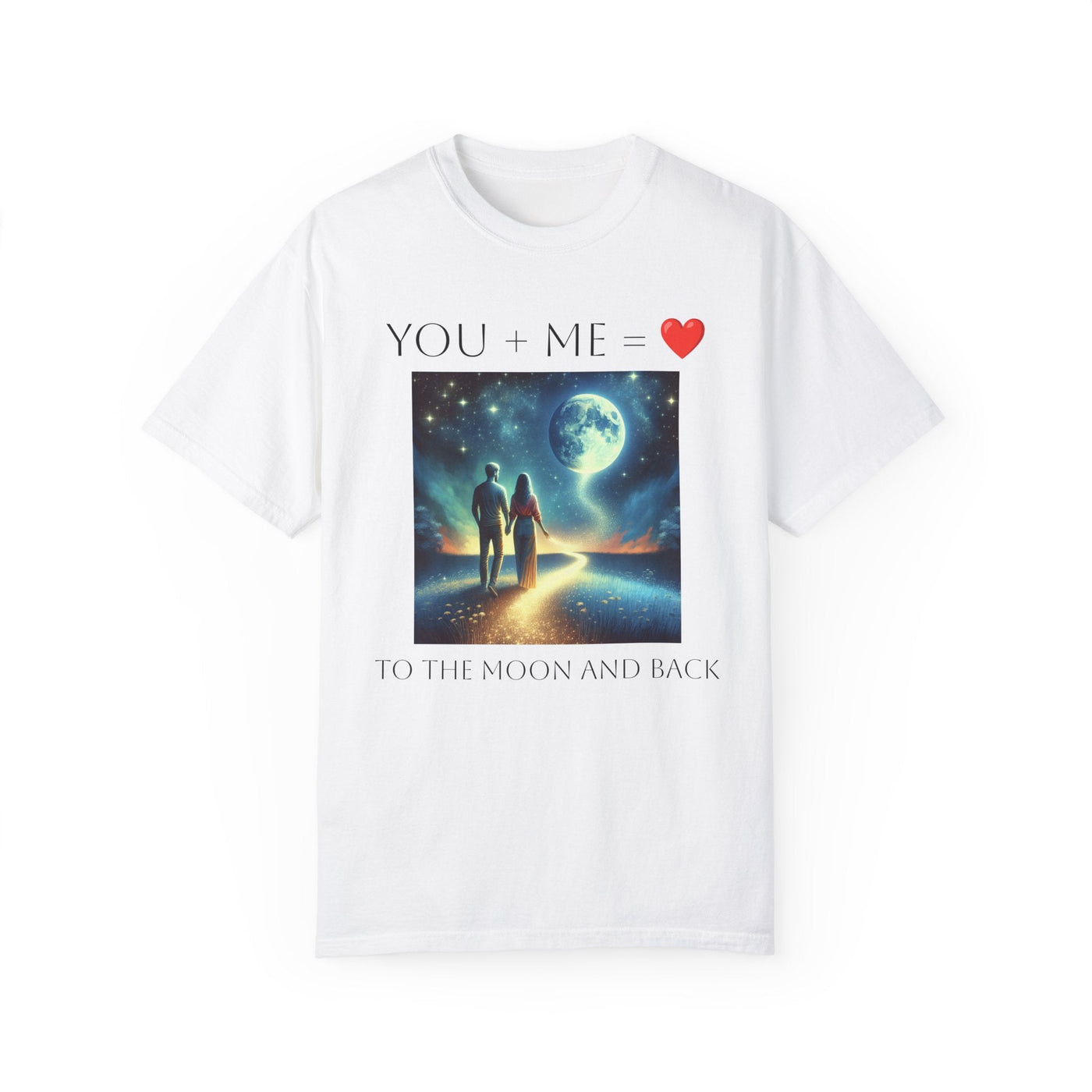 Moon and Back Unisex T-shirt with romantic celestial design, ideal for couples and astronomy lovers.