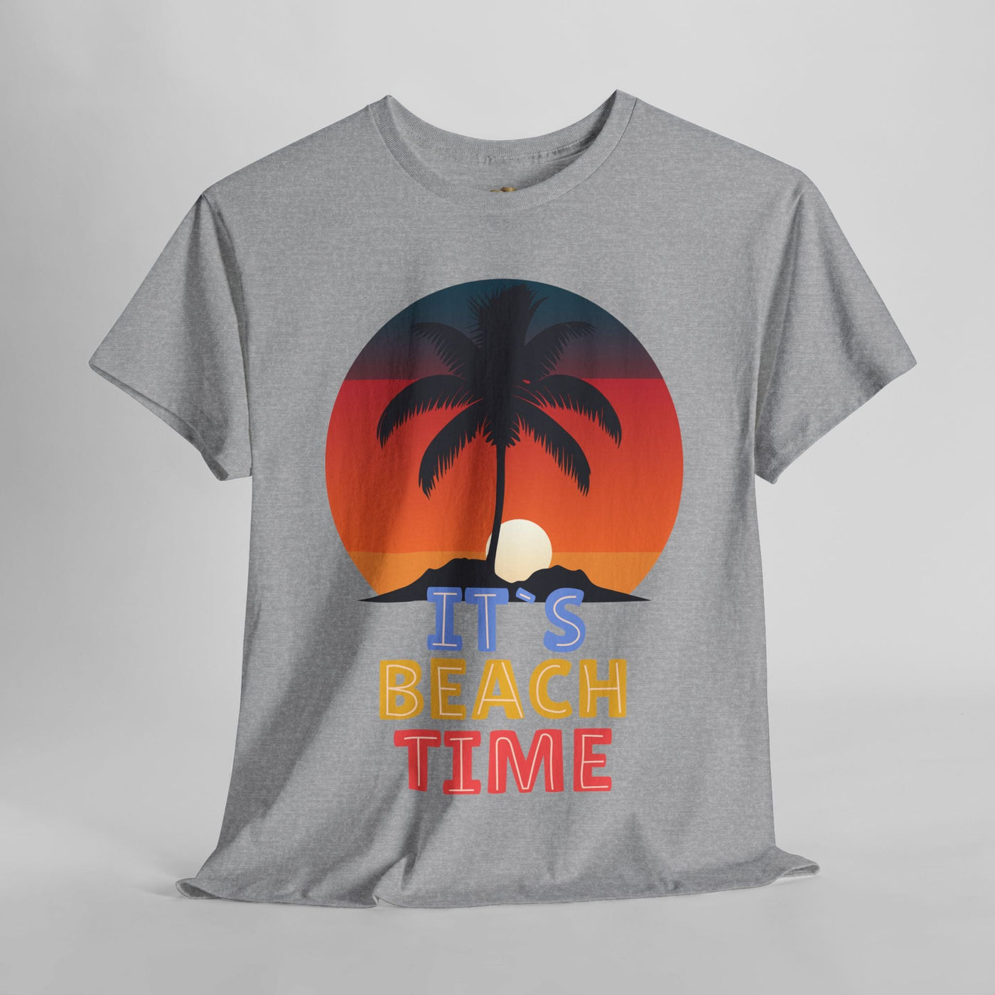 Beach Time Summer 2025 T-Shirt with tropical palm tree graphic and sunset design.