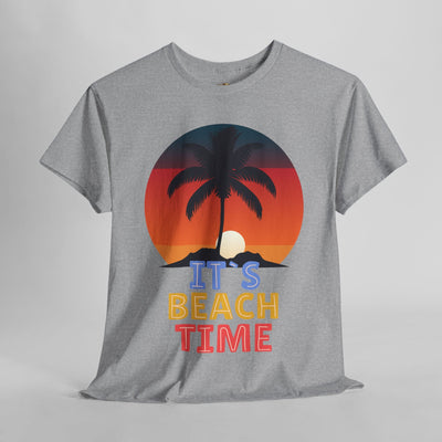 Beach Time Summer 2025 T-Shirt with tropical palm tree graphic and sunset design.