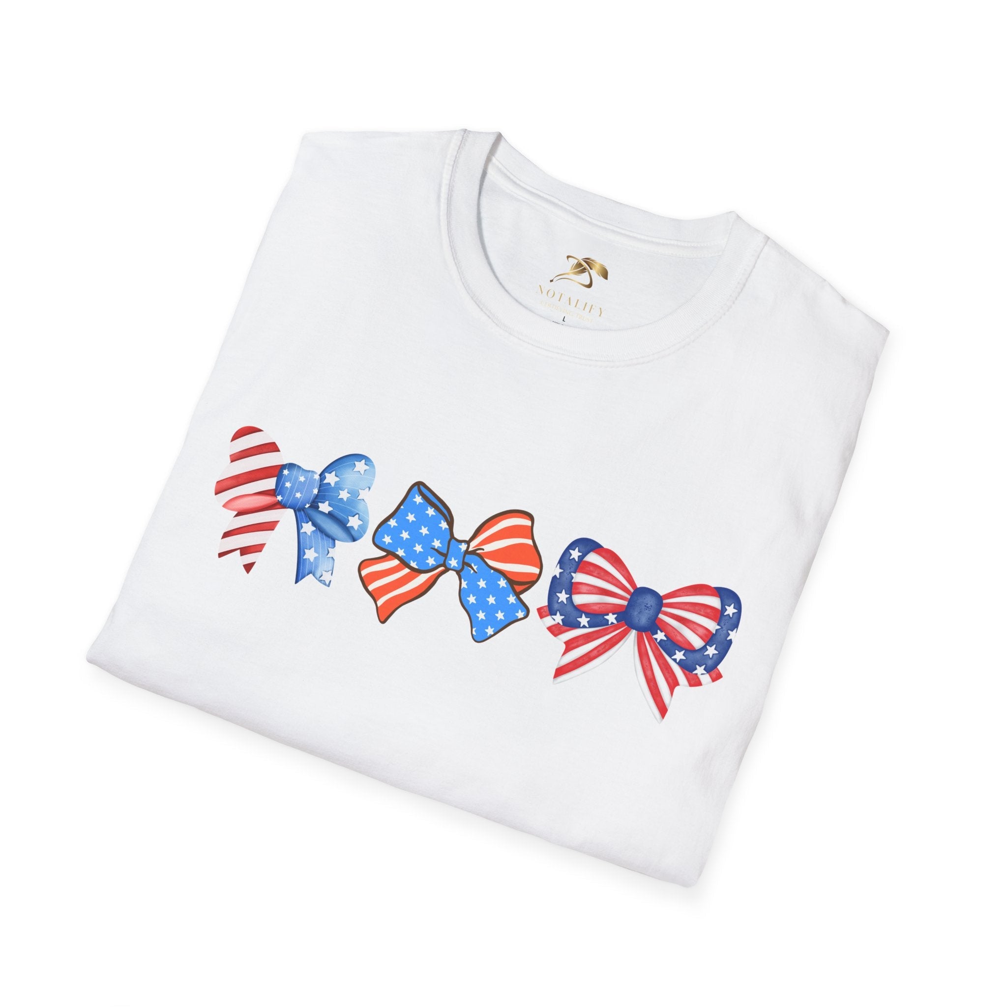 Unisex Coquette Patriotic T-Shirt with festive 4th of July bow designs, ideal for Independence Day celebrations.