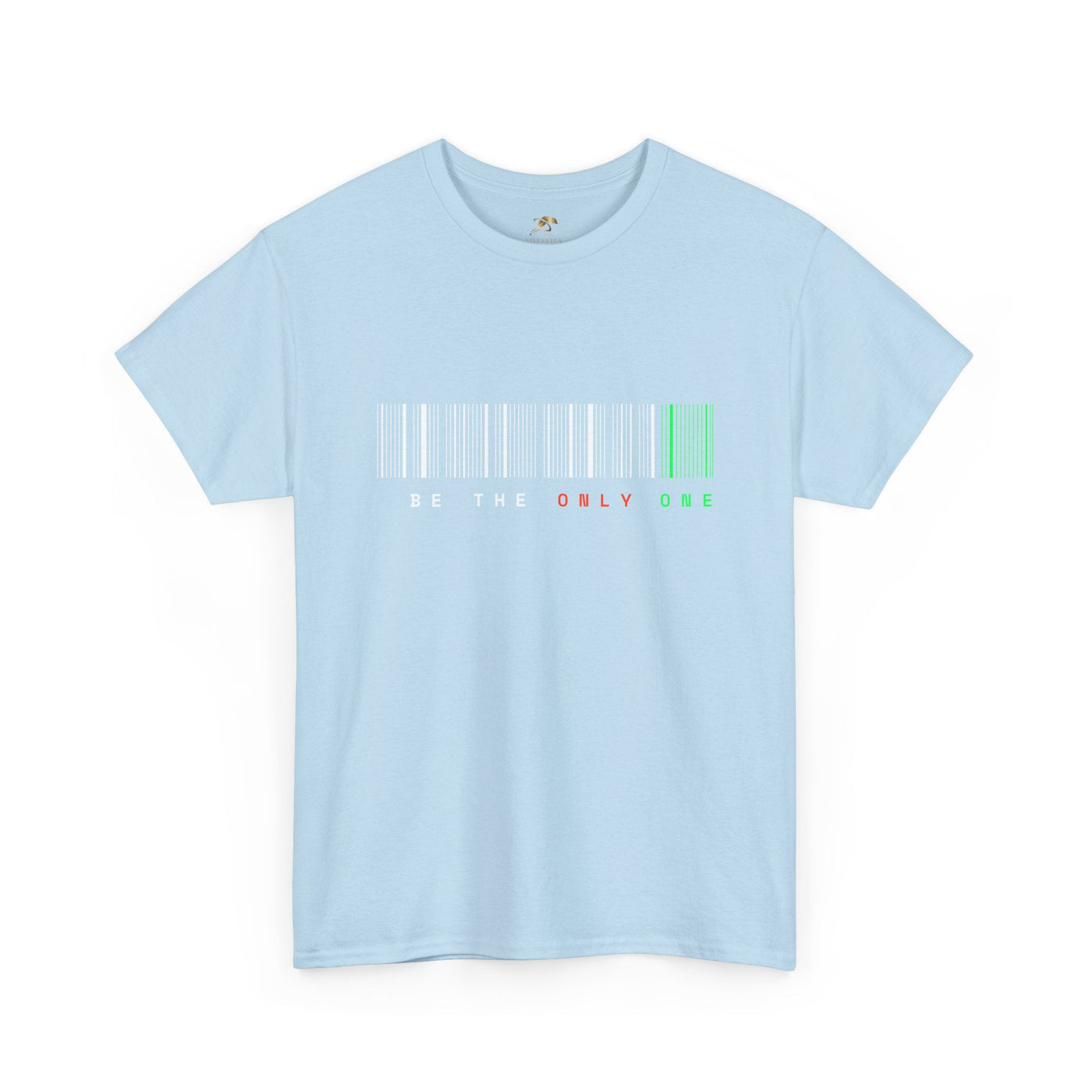 Unique "Be The Only One" barcode t-shirt in blue with a minimalist design