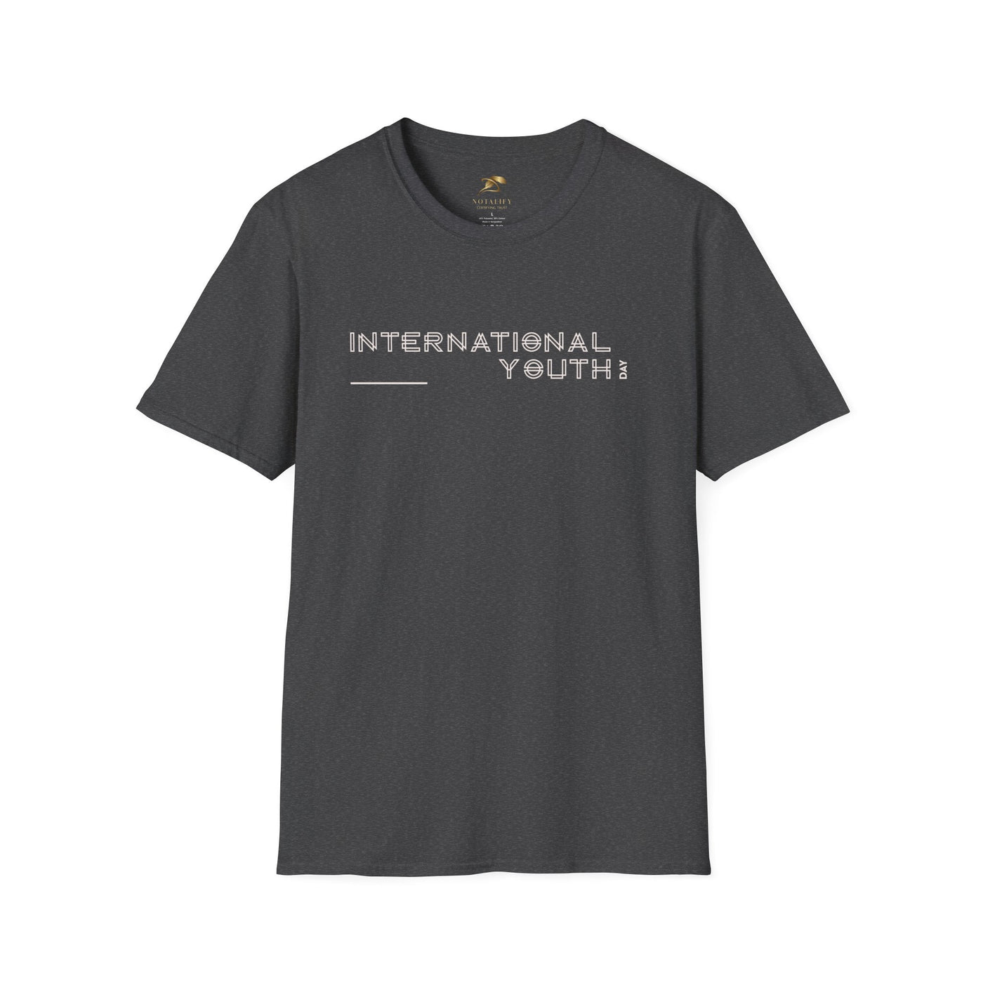 Unisex charcoal softstyle t-shirt with International Youth Day text, lightweight 100% cotton, classic fit, ethically made