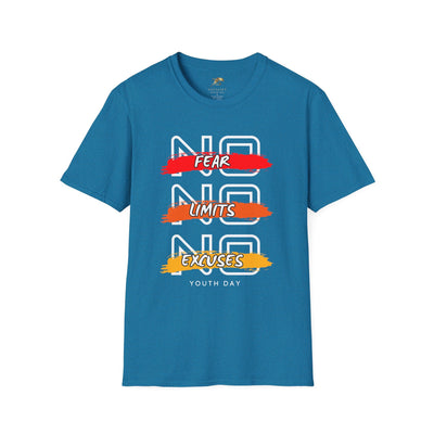 Blue unisex youth day t-shirt with No Fear No Limits No Excuses motivational graphic design