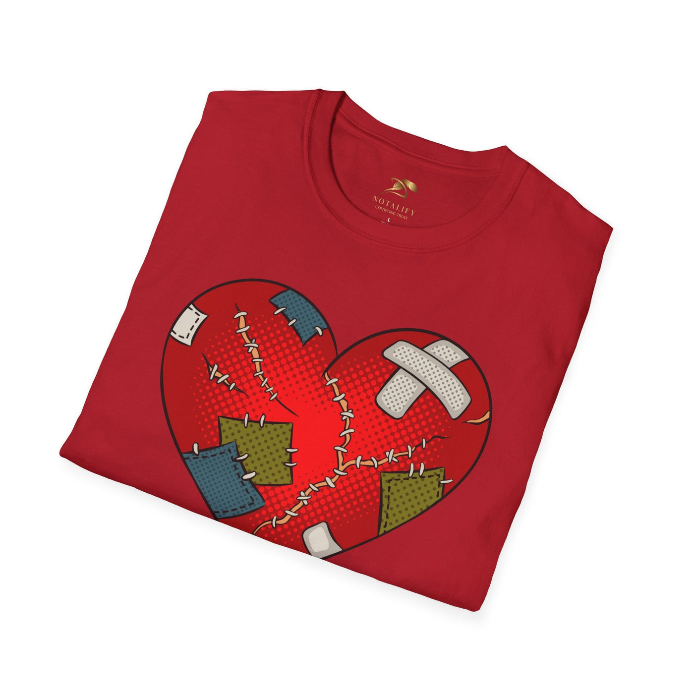 Unisex red t-shirt with patched heart design, perfect for Valentine's Day couples.