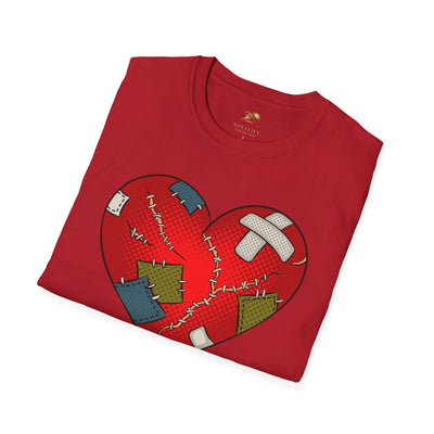 Unisex red t-shirt with patched heart design, perfect for Valentine's Day couples.
