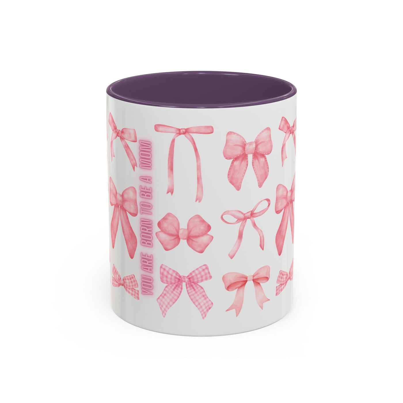 Personalized Mother's Day mug with pink coquette bow design and purple interior.