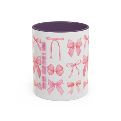 Personalized Mother's Day mug with pink coquette bow design and purple interior.