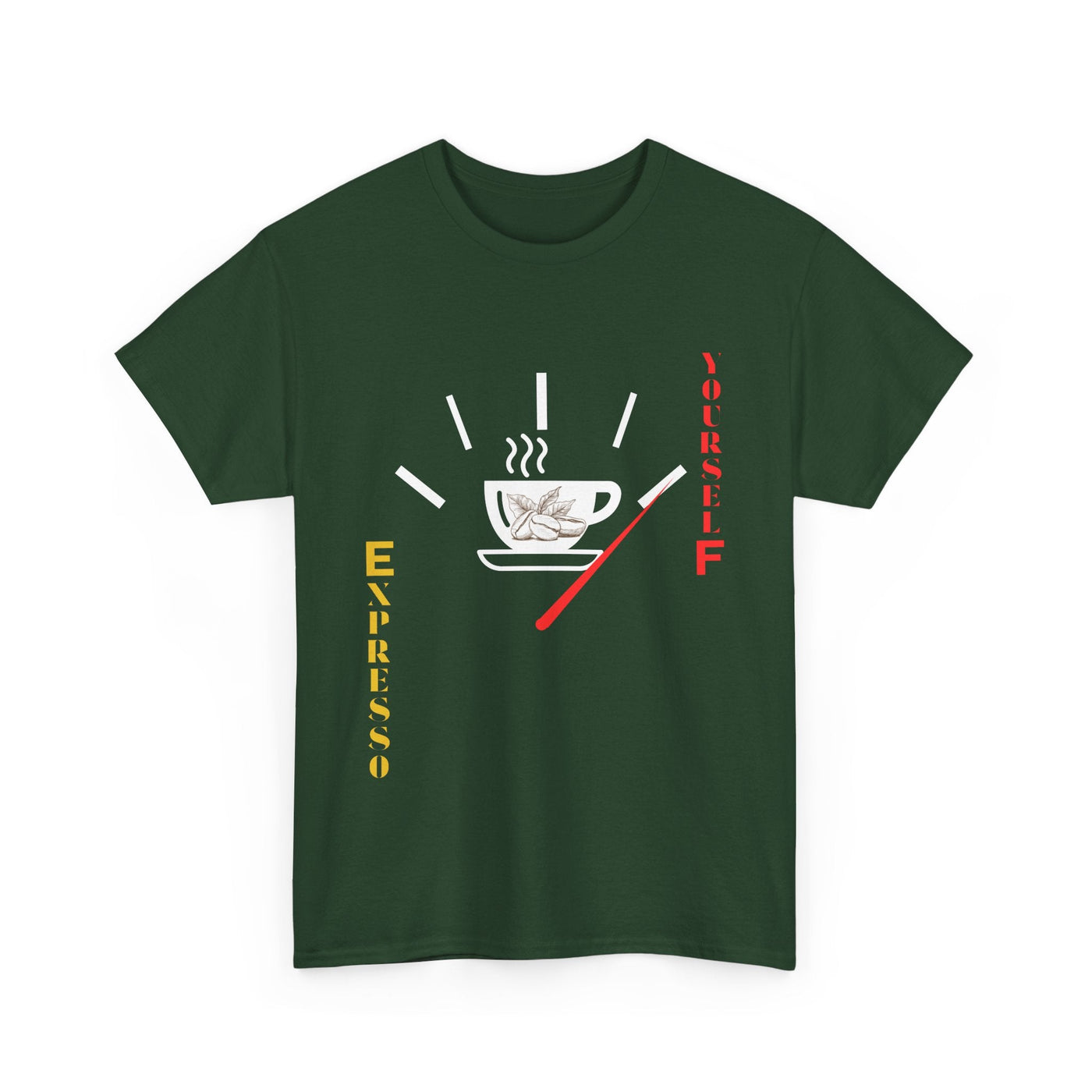 Unisex Expresso Yourself coffee T-shirt with espresso cup and fuel gauge design.