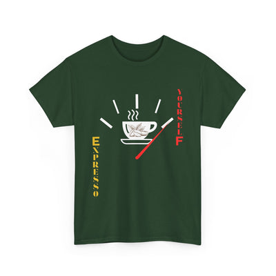 Unisex Expresso Yourself coffee T-shirt with espresso cup and fuel gauge design.