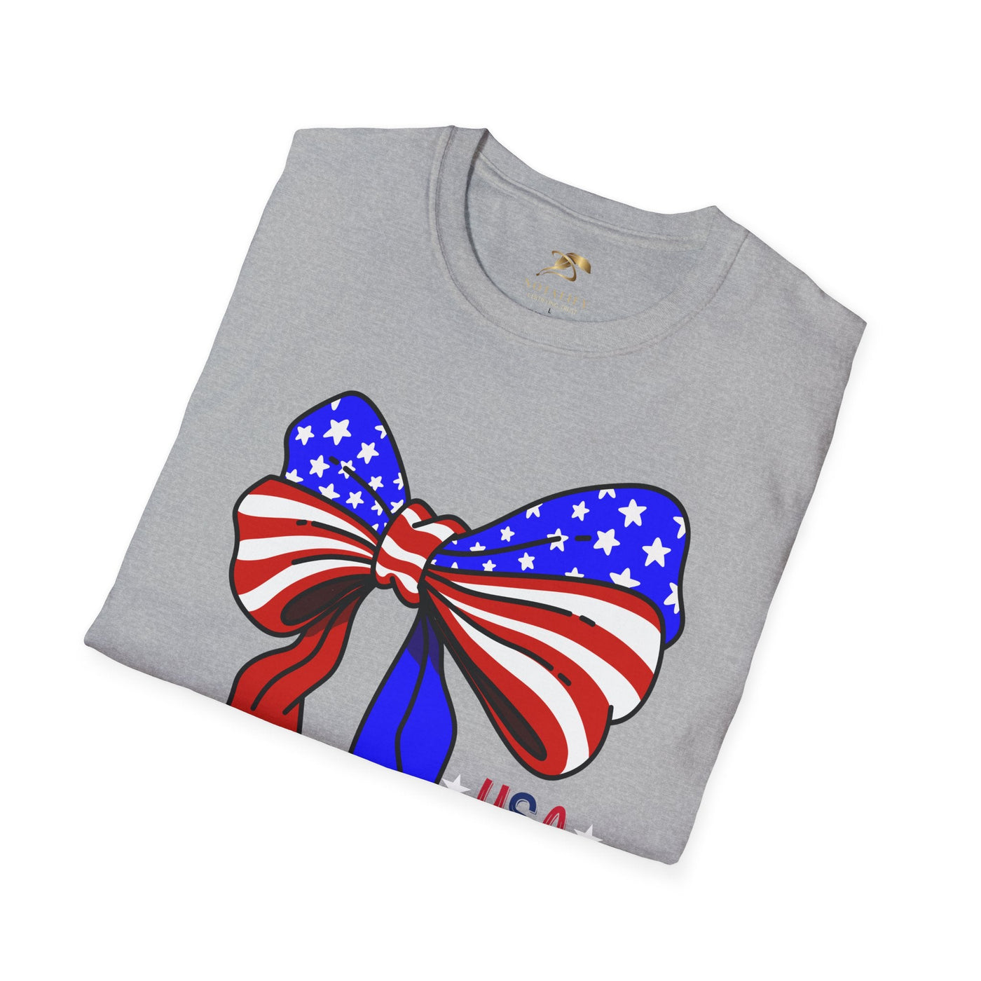 Coquette USA Patriotic T-Shirt with American flag bow design on grey fabric, perfect for Independence Day celebrations and casual wear.