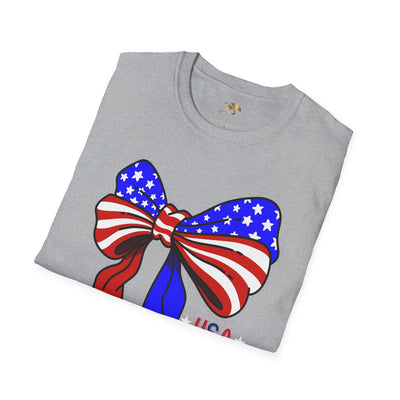 Coquette USA Patriotic T-Shirt with American flag bow design on grey fabric, perfect for Independence Day celebrations and casual wear.