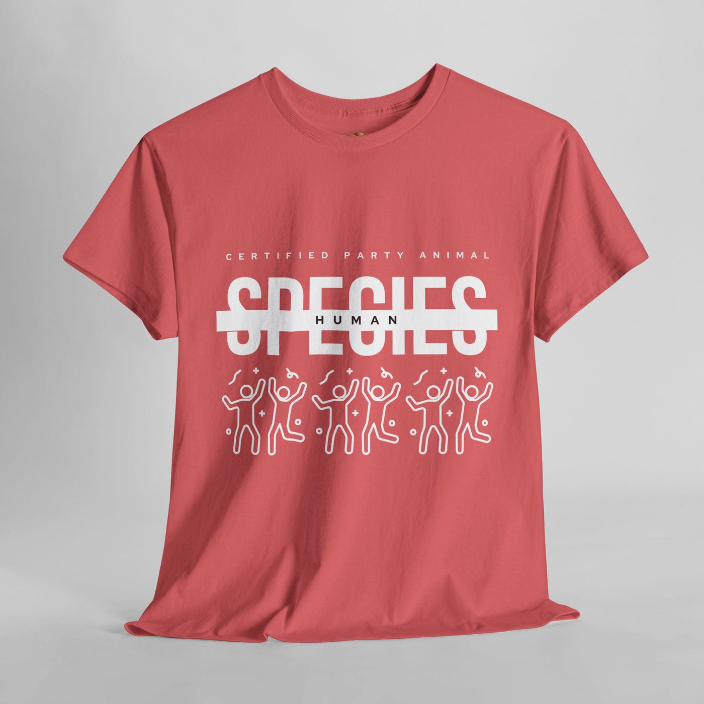 Fun "Certified Party Animal" t-shirt with graphic design, featuring "SPECIES: HUMAN" text and dancing figures on a vibrant tee.