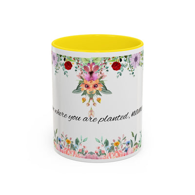 Inspirational ceramic cup with flower design and "Bloom where you are planted" quote.