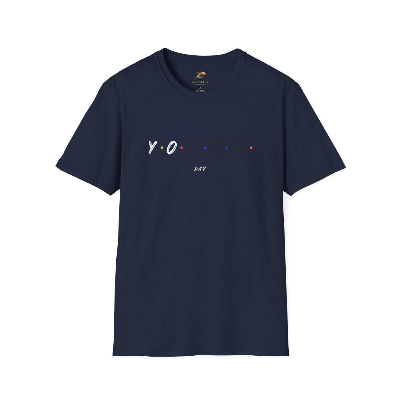 Youth Day Celebration unisex navy t-shirt with colorful dot graphic, 100% cotton, classic fit, crew neck, lightweight and casual wear