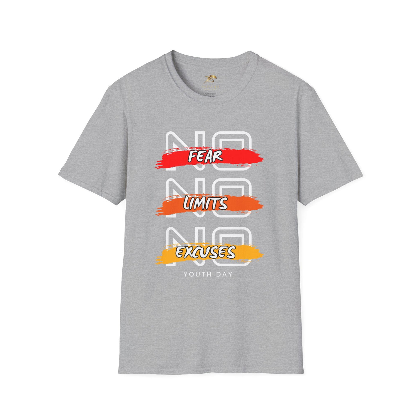 Grey unisex youth day t-shirt with "No Fear No Limits No Excuses" motivational graphic design