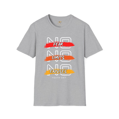 Grey unisex youth day t-shirt with "No Fear No Limits No Excuses" motivational graphic design