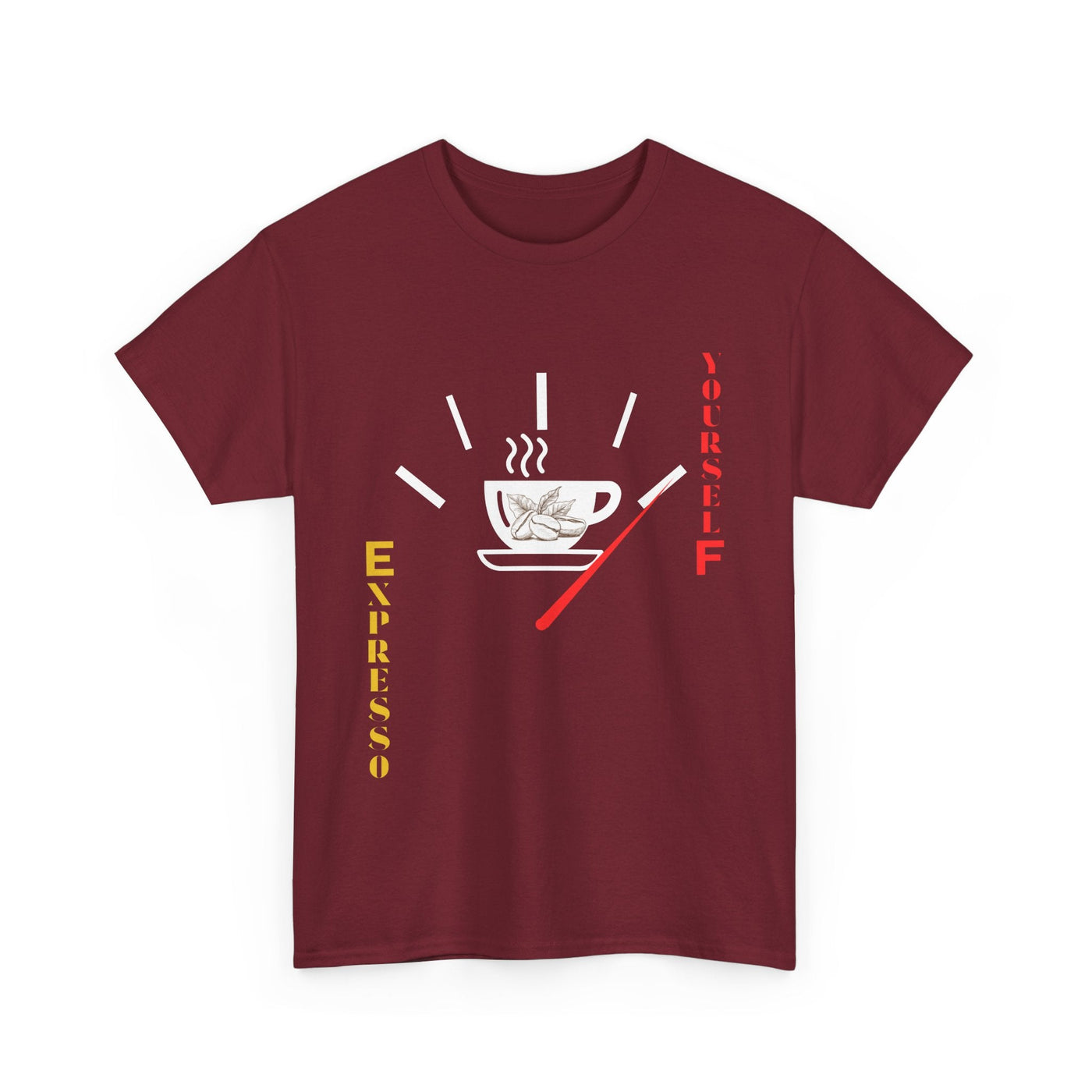 Expresso Yourself coffee T-shirt with espresso cup, steam, and fuel gauge design.