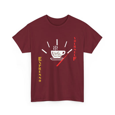 Expresso Yourself coffee T-shirt with espresso cup, steam, and fuel gauge design.