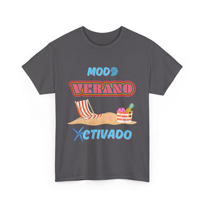 Unisex T-shirt with "Modo Verano Activado" phrase, featuring retro fonts, striped beach chair, tropical fruits, and starfish design.