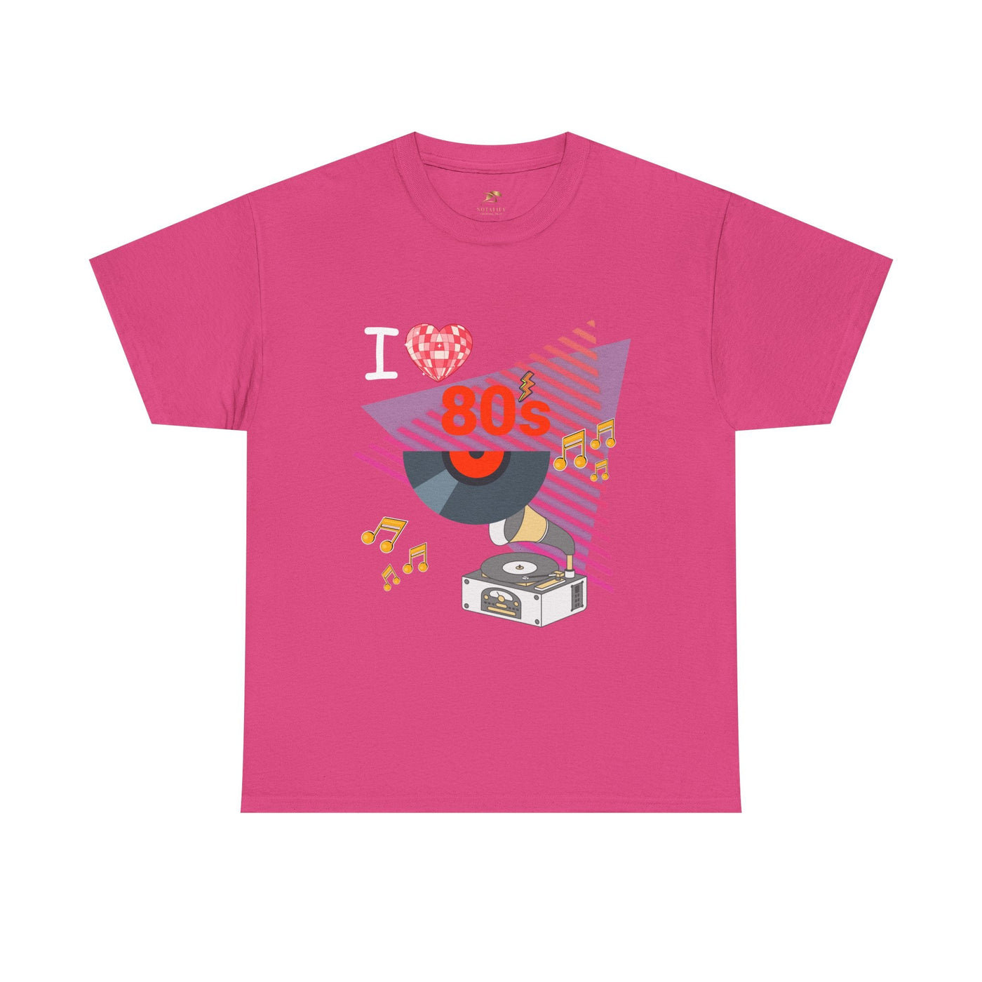 Pink 80's Music Lover T-shirt with retro vinyl record and music notes graphic, unisex cotton tee