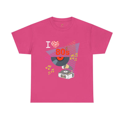 Pink 80's Music Lover T-shirt with retro vinyl record and music notes graphic, unisex cotton tee